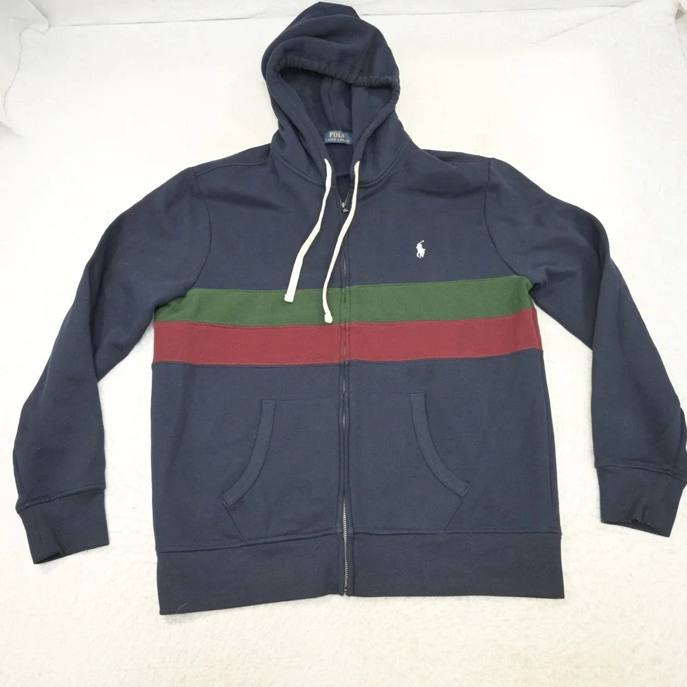 Polo Ralph Lauren Full Zip Hoodie Mens L Navy Blue Green Maroon Colorblock Pony